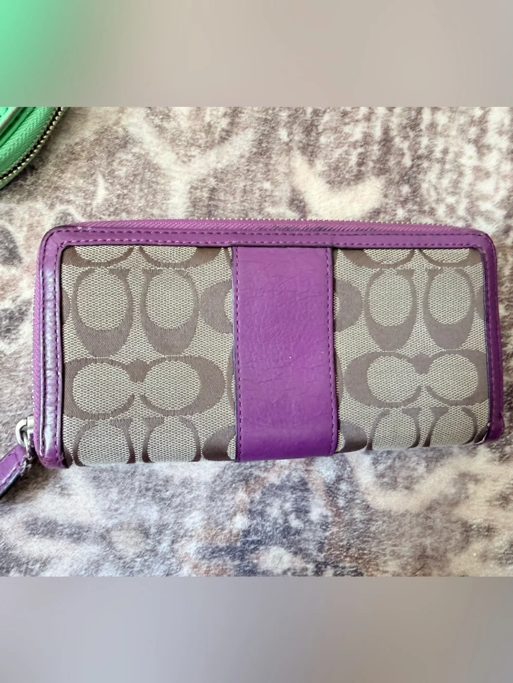 Coach Signature Canvas Wallet with Purple Leather Accent